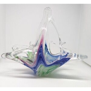 Vintage Murano Style Hand Blown Lavorazione Art Blue, Green & Pink Glass Basket